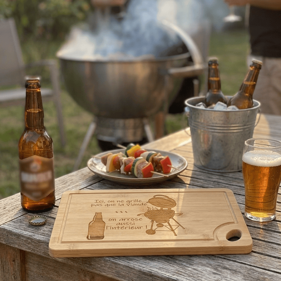 Planche Bambou Gravée "Ici on ne grille pas que la viande... on arrose aussi l'intérieur !" – Cadeau Barbecue Humour