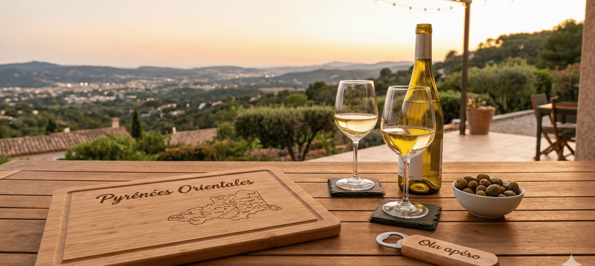 Planche apéro en bambou gravée Pyrénées-Orientales avec bouteille de vin blanc et olives, terrasse ensoleillée du sud de la France
