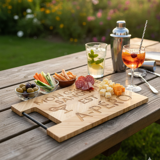 Planche à découper en bambou gravée humour “Groupe sanguin : Apéro” vue de dessus