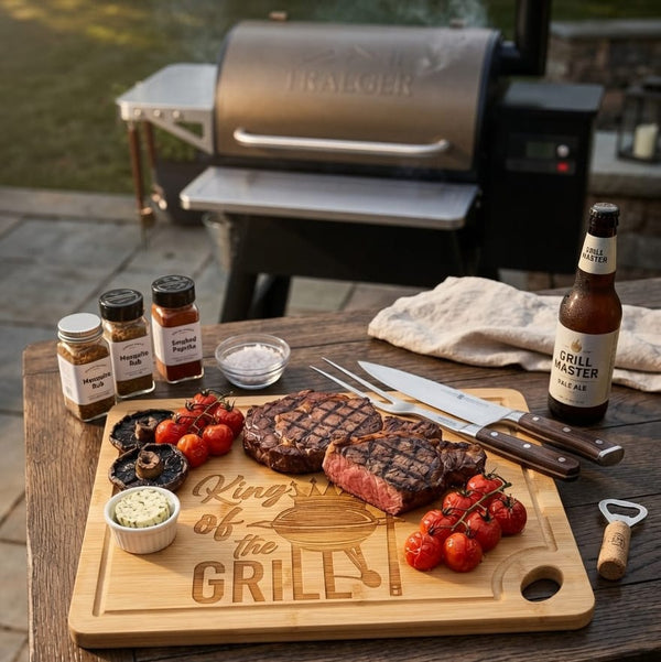 Planche bambou gravée King of the Grill – cadeau barbecue homme – Roussillon Créations Tautavel (66)