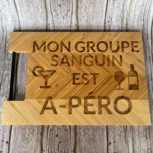 Planche à découper en bambou gravée – Mon groupe sanguin est A-Péro ROUSSILLON CRÉATIONS