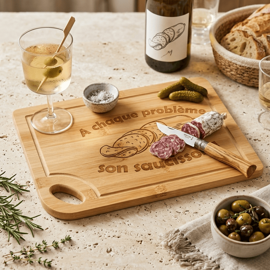 Planche à Découper Bambou Gravée – À chaque problème son saucisson !
