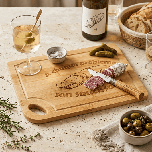 Planche à Découper Bambou Gravée – À chaque problème son saucisson !