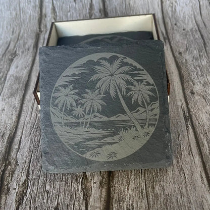 Présentation élégante du dessous de verre Évasion Tropicale avec sa boîte de rangement