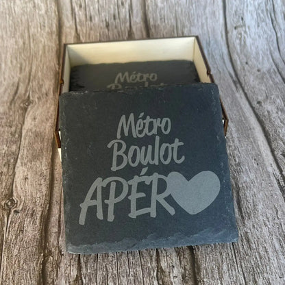 Sous-verre en ardoise gravée au laser avec texte humour Métro Boulot Apéro