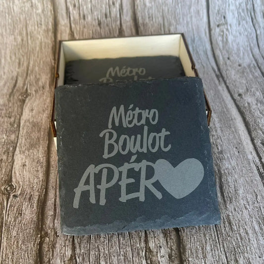 Sous-verre en ardoise gravée au laser avec texte humour Métro Boulot Apéro