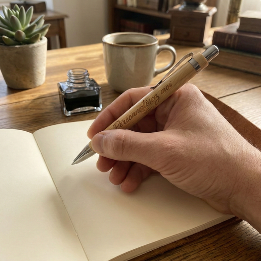 Main tenant un stylo à bille en bambou gravé avec le texte 'Personnalisez moi', positionné au-dessus d'un carnet ouvert sur un bureau en bois avec une tasse de café en arrière-plan.