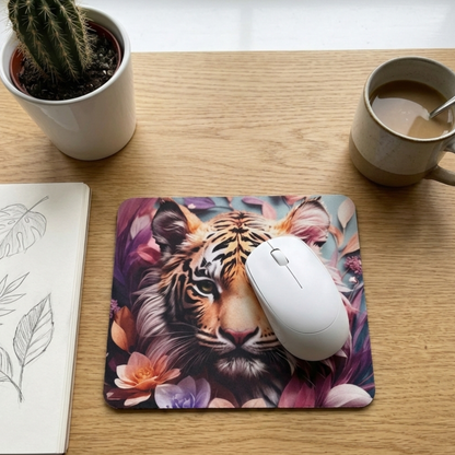 Mise en situation tapis de souris tigre floral ambiance bureau zen avec café et plante