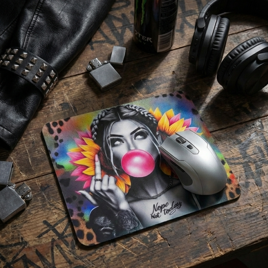 Mise en situation tapis de souris design rebelle sur bureau style industriel