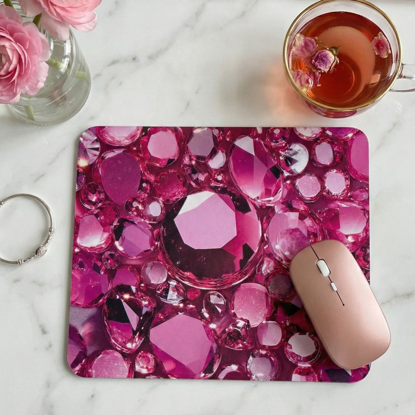 Tapis de souris design diamants et strass roses ambiance bureau chic