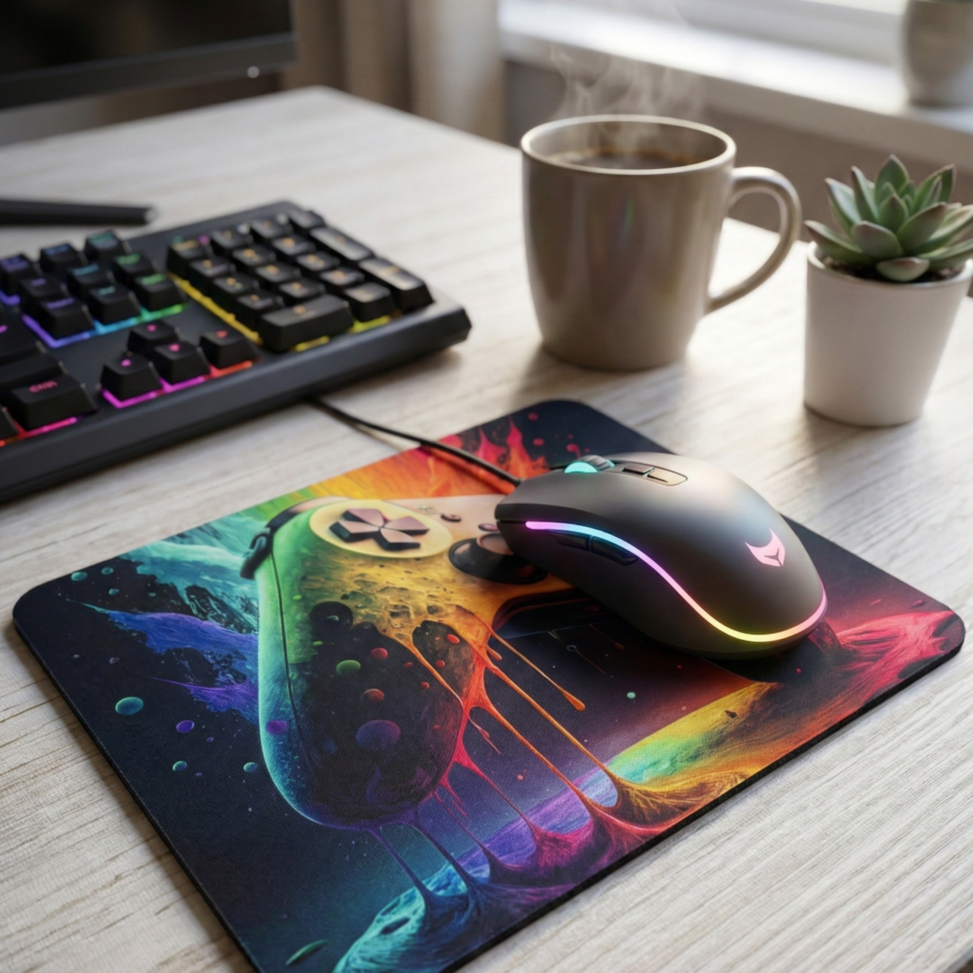 Mise en situation tapis de souris gamer design manette néon ambiance setup gaming RGB