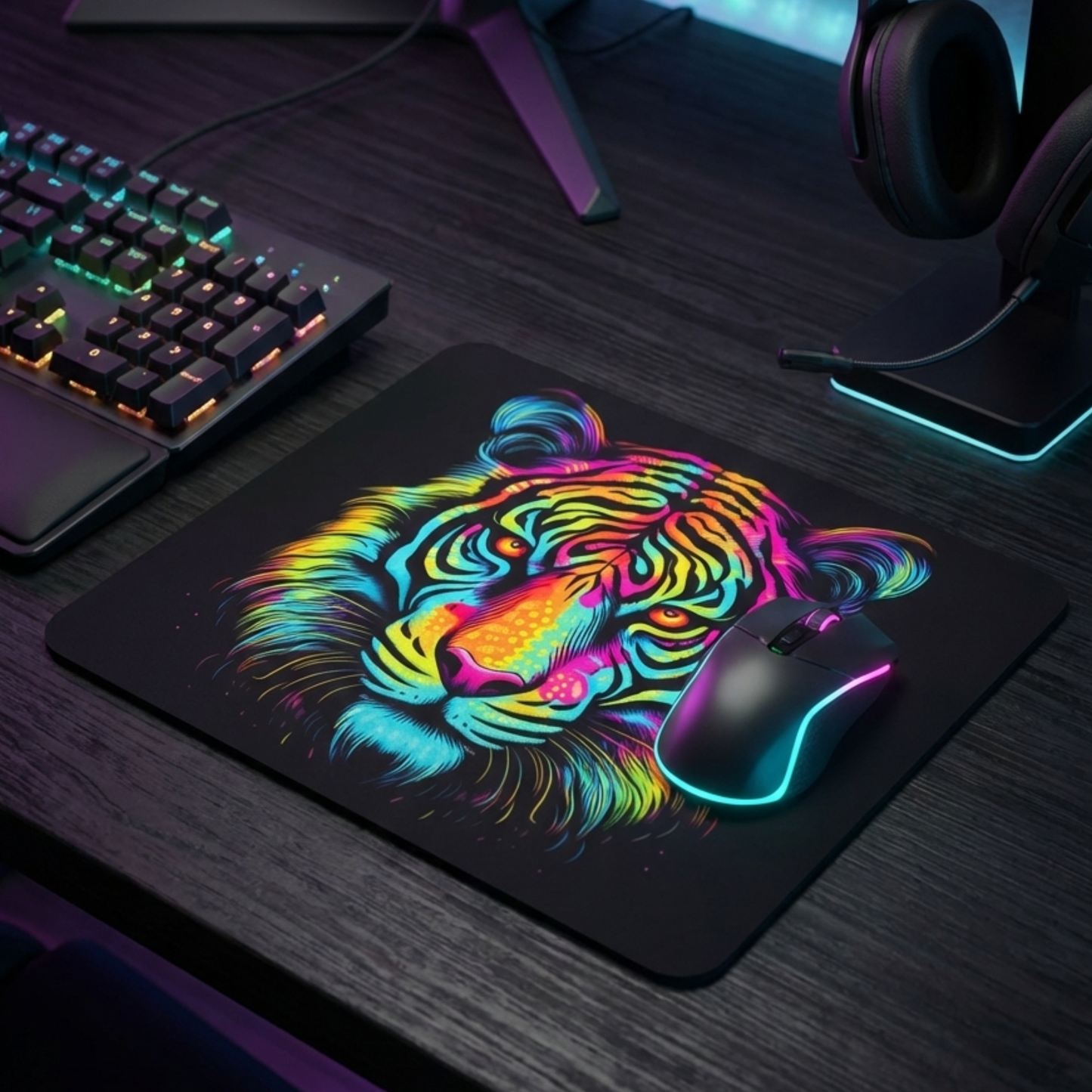 Mise en situation tapis de souris gamer design tigre néon ambiance bureau RGB sombre