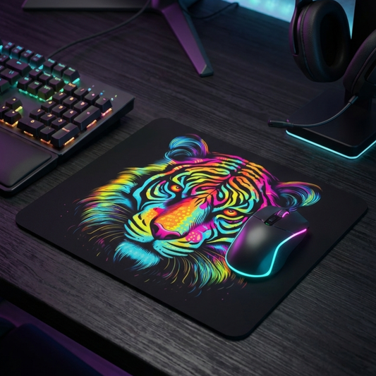 Mise en situation tapis de souris gamer design tigre néon ambiance bureau RGB sombre