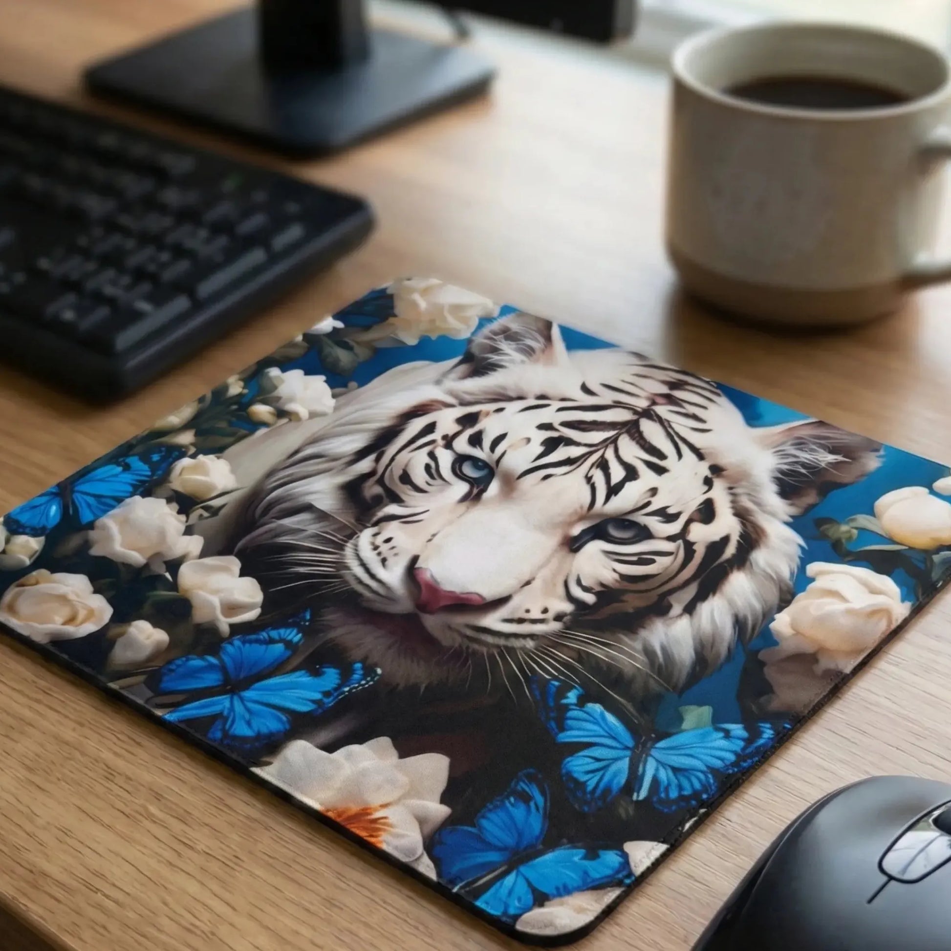 Tapis de Souris Tigre Blanc & Papillons – Design Nature Élégant Tapis de souris imprimé Roussillon-Creations-Tautavel-66