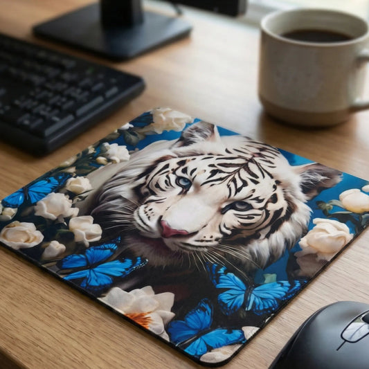 Tapis de souris design tigre blanc et papillons bleus posé sur un bureau en bois pour setup gaming ou télétravail.