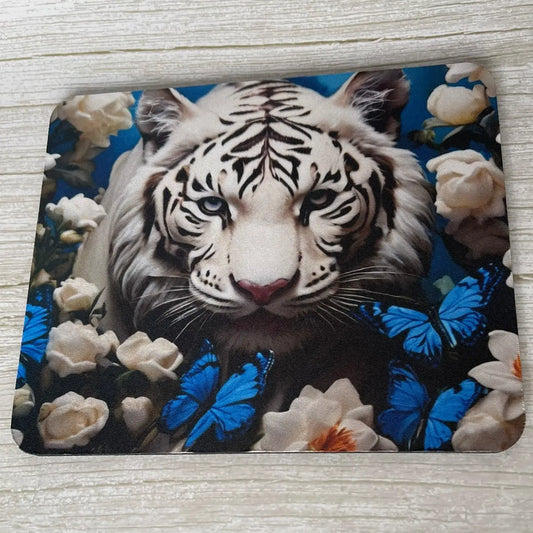 Tapis de souris design Tigre Blanc & Papillons Bleus ROUSSILLON CRÉATIONS