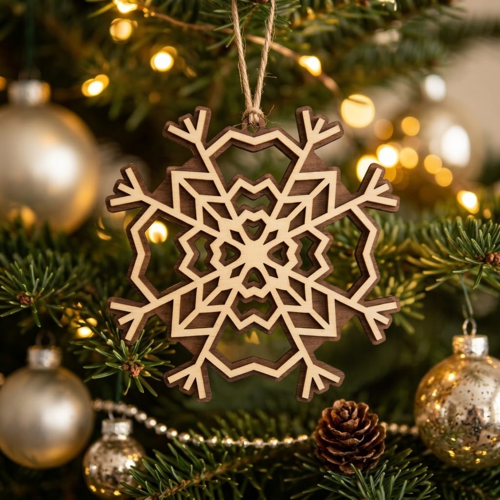 Flocon de neige en bois – Décoration de Noël artisanale en noyer et peuplier