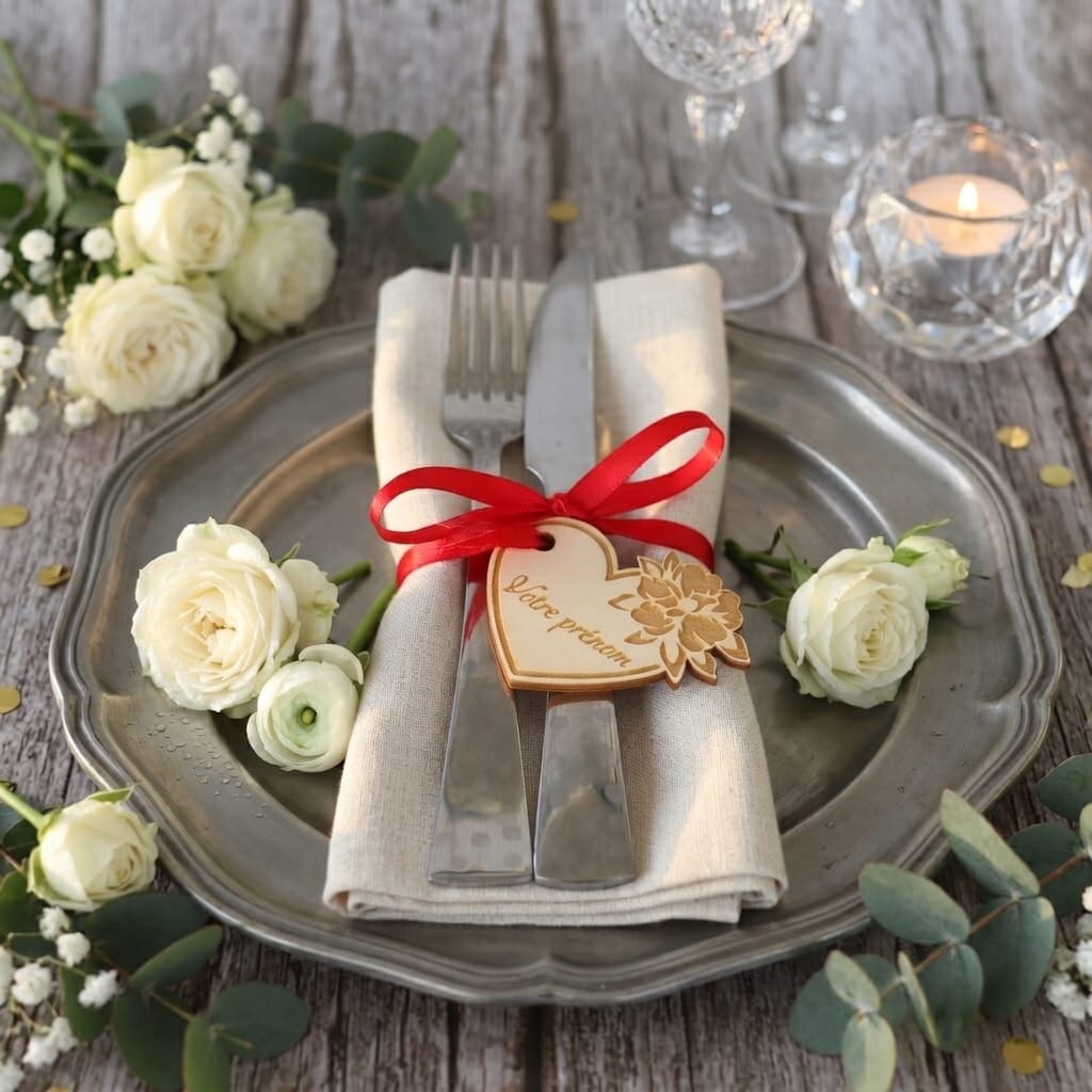 Marque-place mariage personnalisé en bois – Cœur pivoine gravé au laser Mariage Personnalisable Roussillon-Creations-Tautavel-66